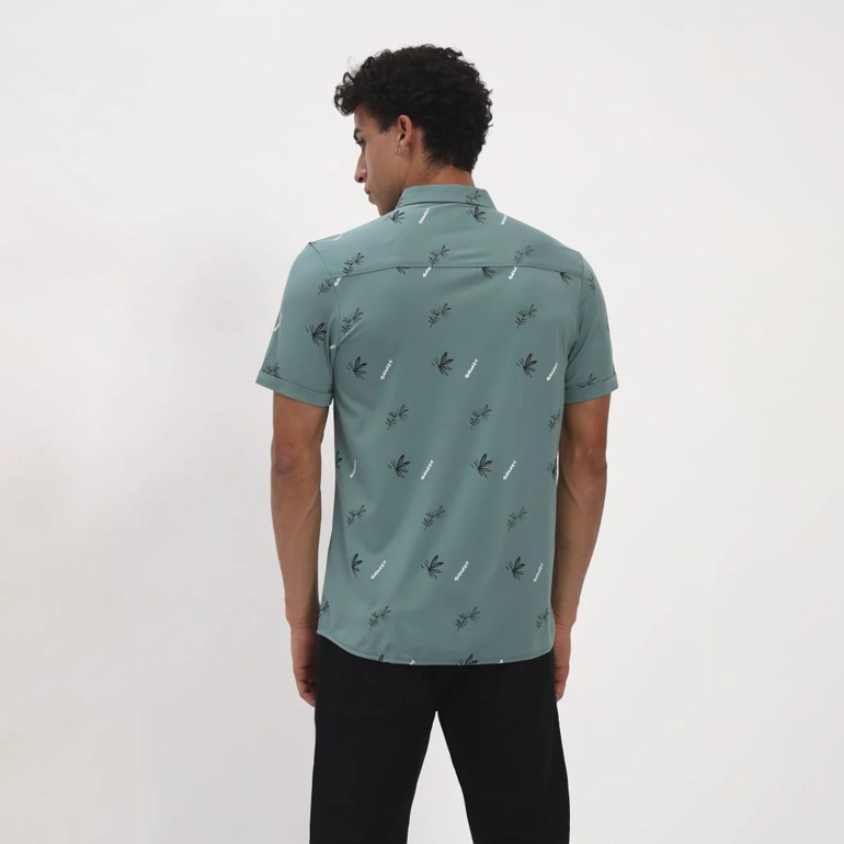 Teal Green Tropical Print Short Sleeve Shirt