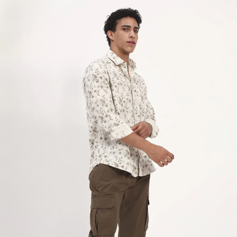 White Floral Print Cotton Shirt