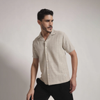 Beige Textured Vertical Stripe Cuban Collar Shirt