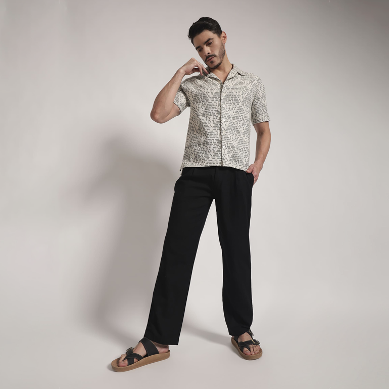 Monochrome Abstract Block Print Cuban Collar Shirt