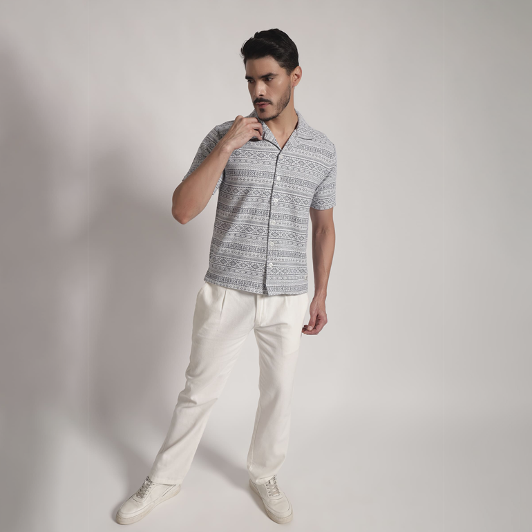 Grey & White Geometric Print Cuban Collar Shirt