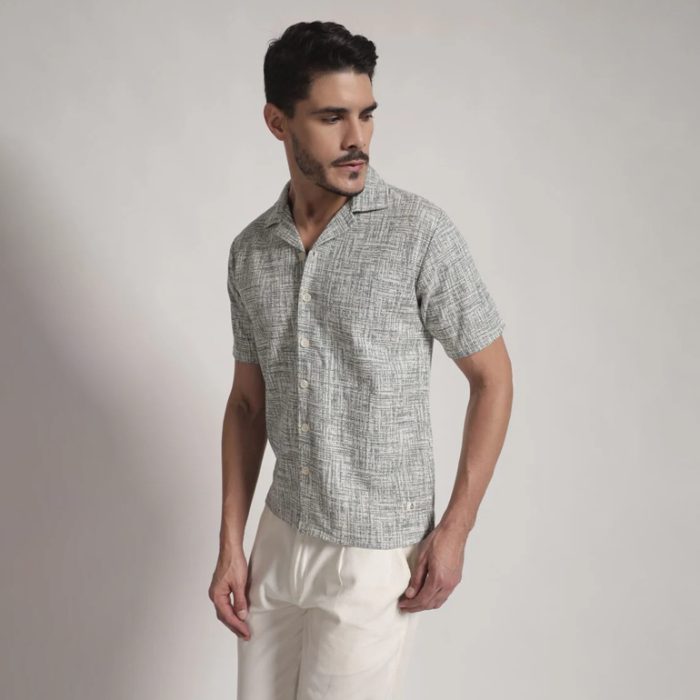 Grey Crosshatch Print Cuban Collar Shirt