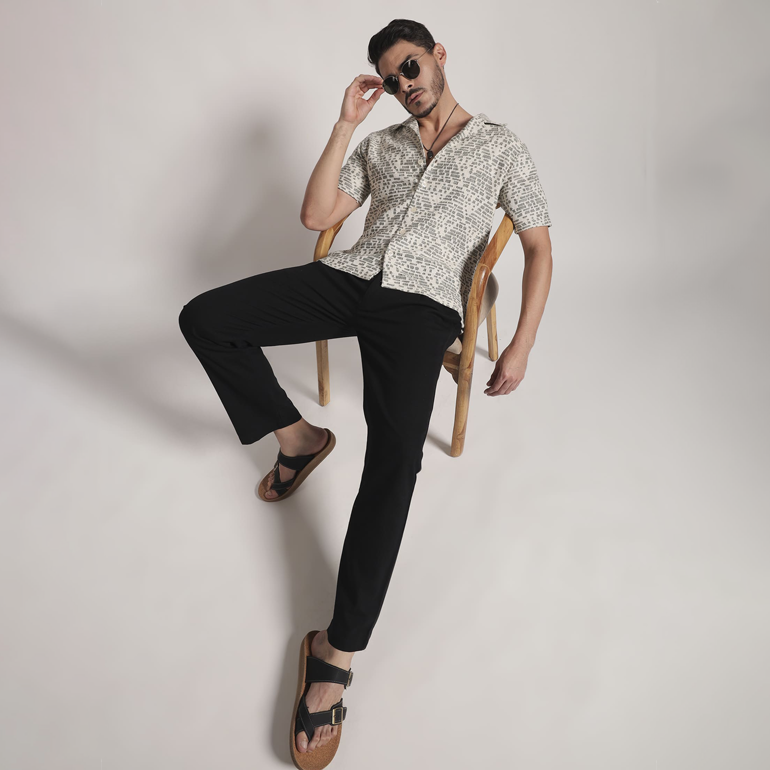 Monochrome Abstract Block Print Cuban Collar Shirt