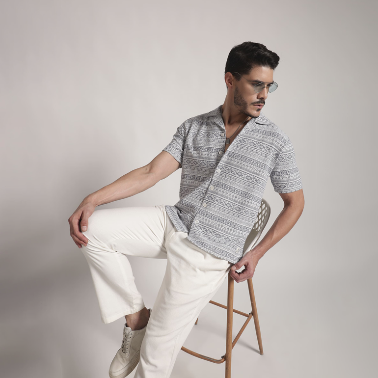 Grey & White Geometric Print Cuban Collar Shirt