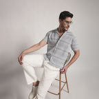 Grey & White Geometric Print Cuban Collar Shirt