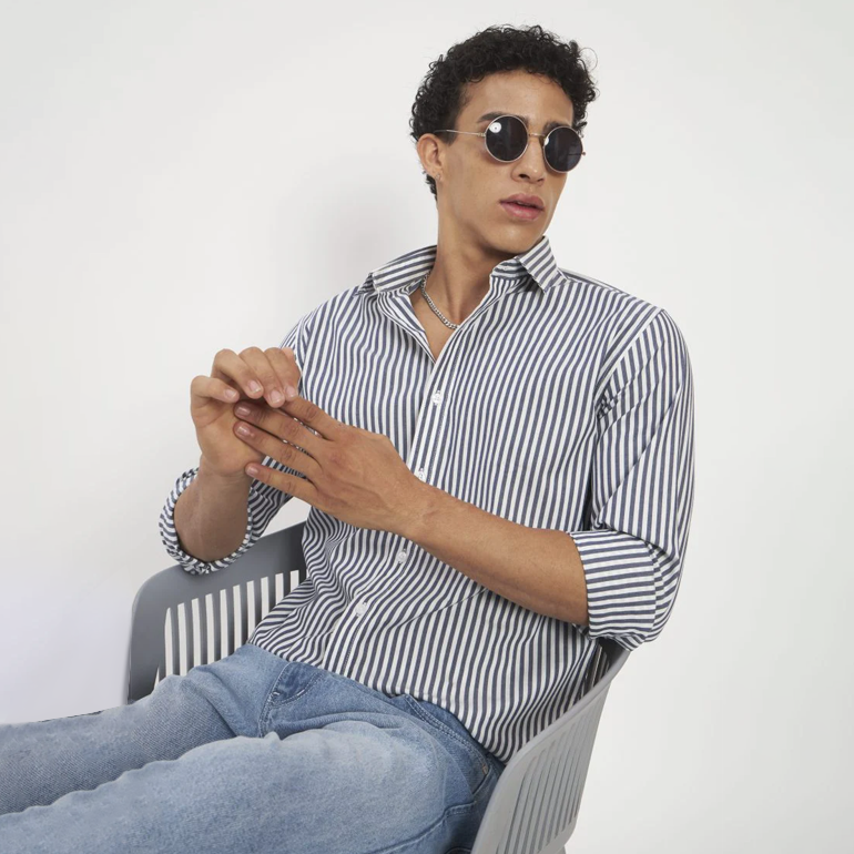 Navy & White Vertical Stripe Cotton Shirt