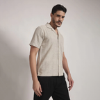 Beige Textured Vertical Stripe Cuban Collar Shirt