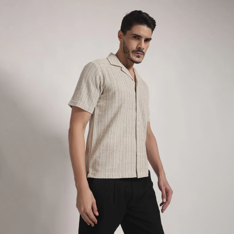 Beige Textured Vertical Stripe Cuban Collar Shirt