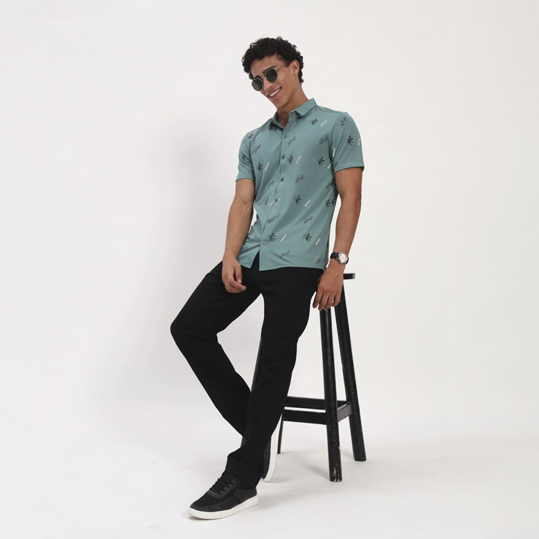 Teal Green Tropical Print Short Sleeve Shirt