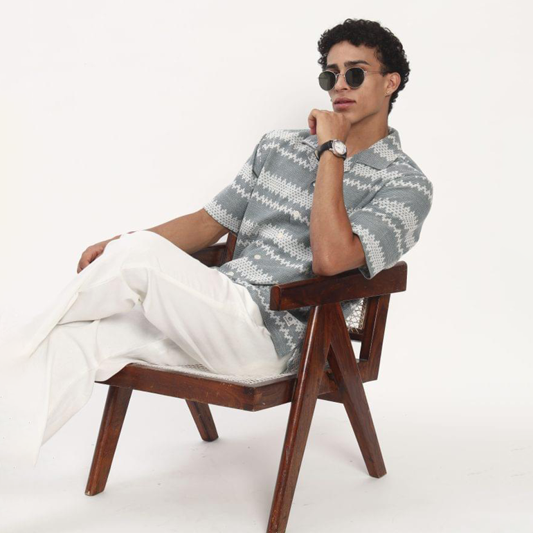 Slate Grey Zigzag Print Cuban Collar Shirt