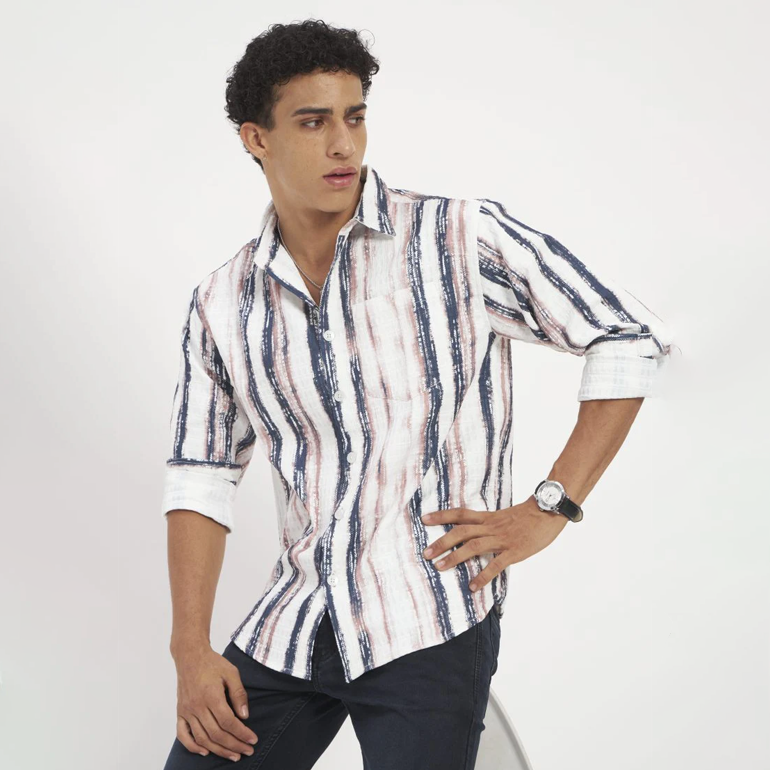 Navy & Blush Vertical Stripe Washed Cotton Shirt