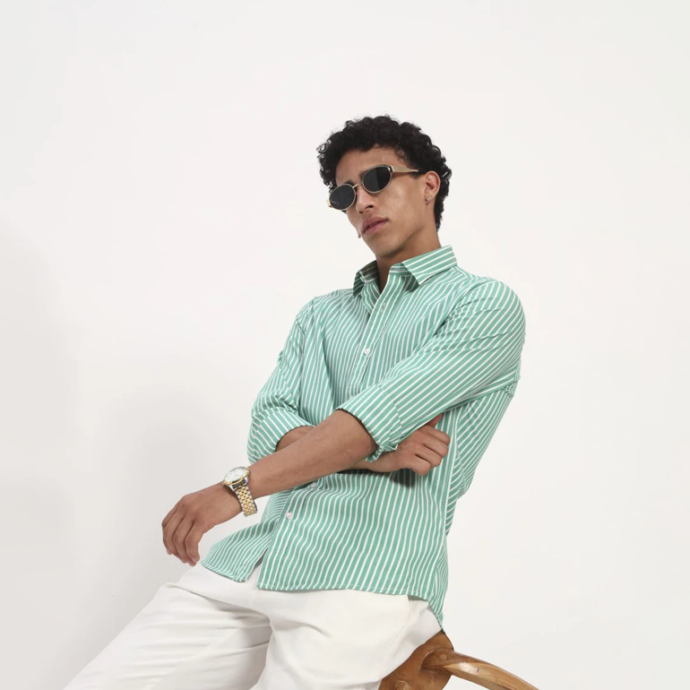 Mint Green Vertical Stripe Cotton Shirt