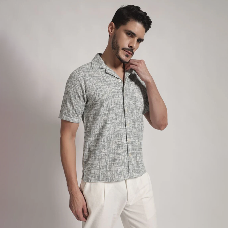 Grey Crosshatch Print Cuban Collar Shirt