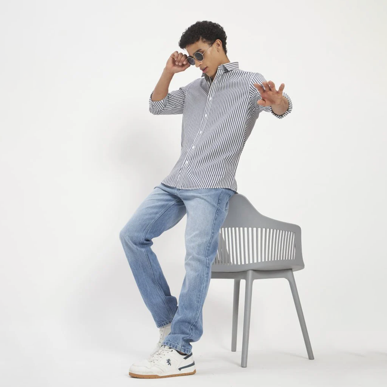 Navy & White Vertical Stripe Cotton Shirt