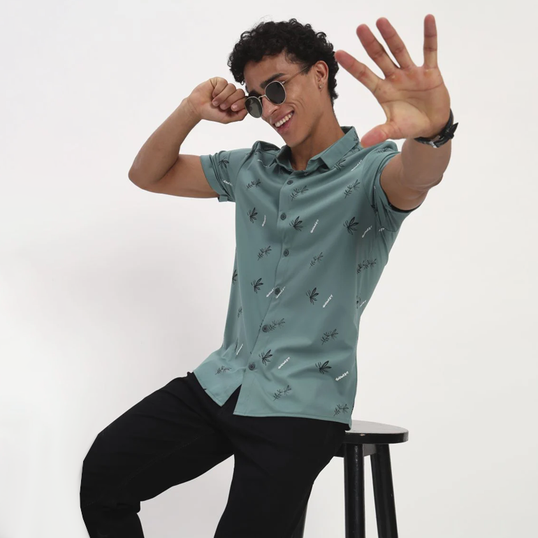 Teal Green Tropical Print Short Sleeve Shirt