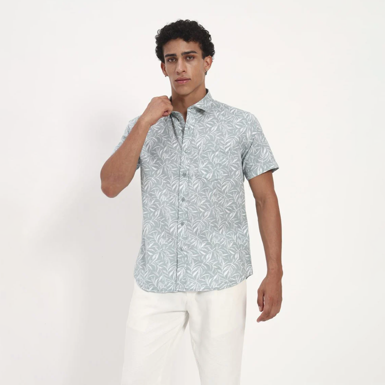 Mist Green Tropical Leaf Print Short Sleeve Shirt