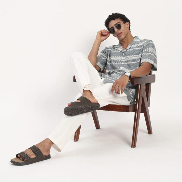 Slate Grey Zigzag Print Cuban Collar Shirt