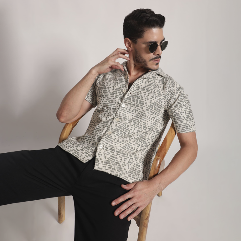 Monochrome Abstract Block Print Cuban Collar Shirt