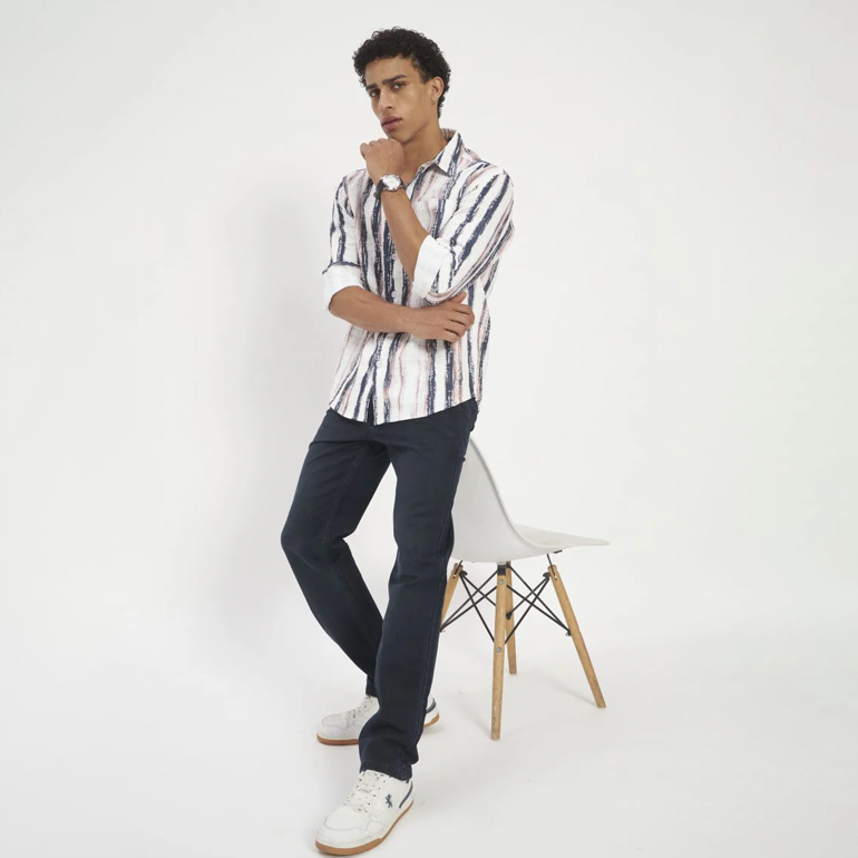 Navy & Blush Vertical Stripe Washed Cotton Shirt