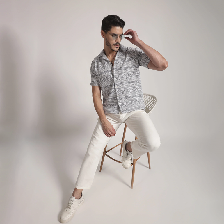 Grey & White Geometric Print Cuban Collar Shirt