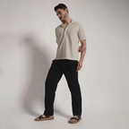 Beige Textured Vertical Stripe Cuban Collar Shirt
