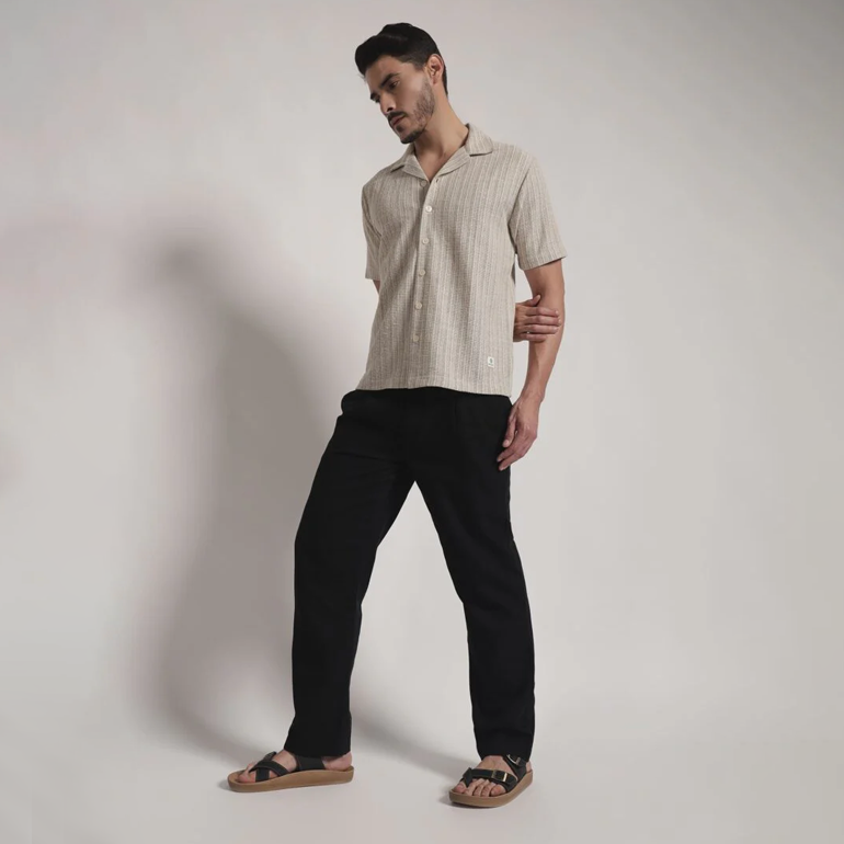 Beige Textured Vertical Stripe Cuban Collar Shirt