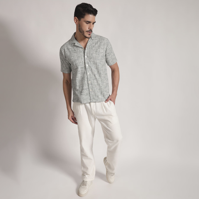 Grey Crosshatch Print Cuban Collar Shirt