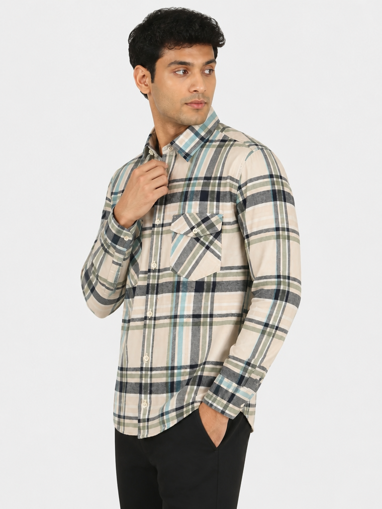 Men’s Beige & Grey Checked Full Sleeve Casual Shirt