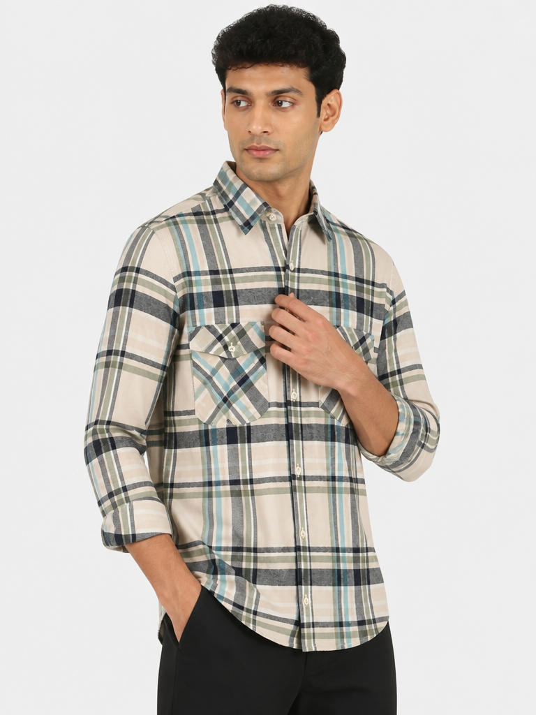 Men’s Beige & Grey Checked Full Sleeve Casual Shirt