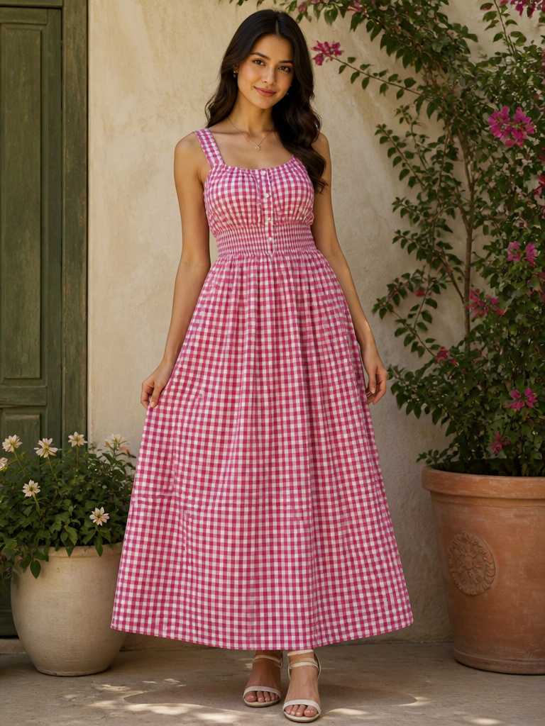 Women’s Pink & White Gingham Check Maxi Dress