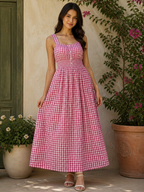 Women’s Pink & White Gingham Check Maxi Dress