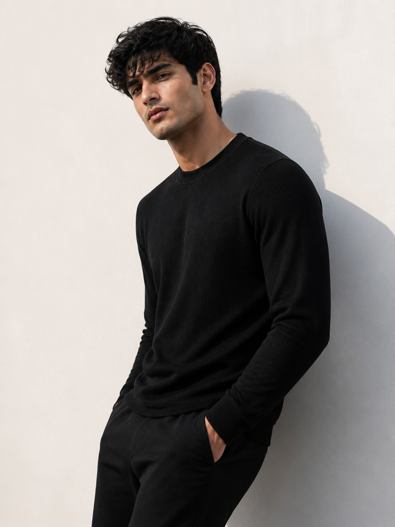 Men’s Black Waffle Knit Crew Neck Sweatshirt