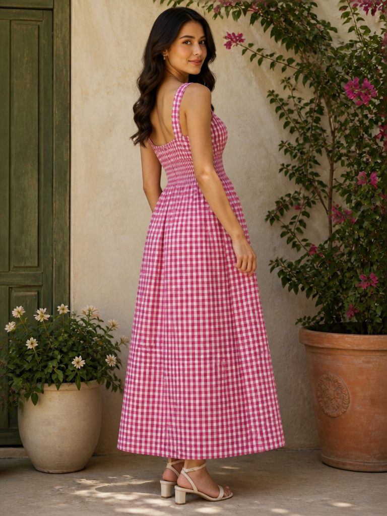 Women’s Pink & White Gingham Check Maxi Dress