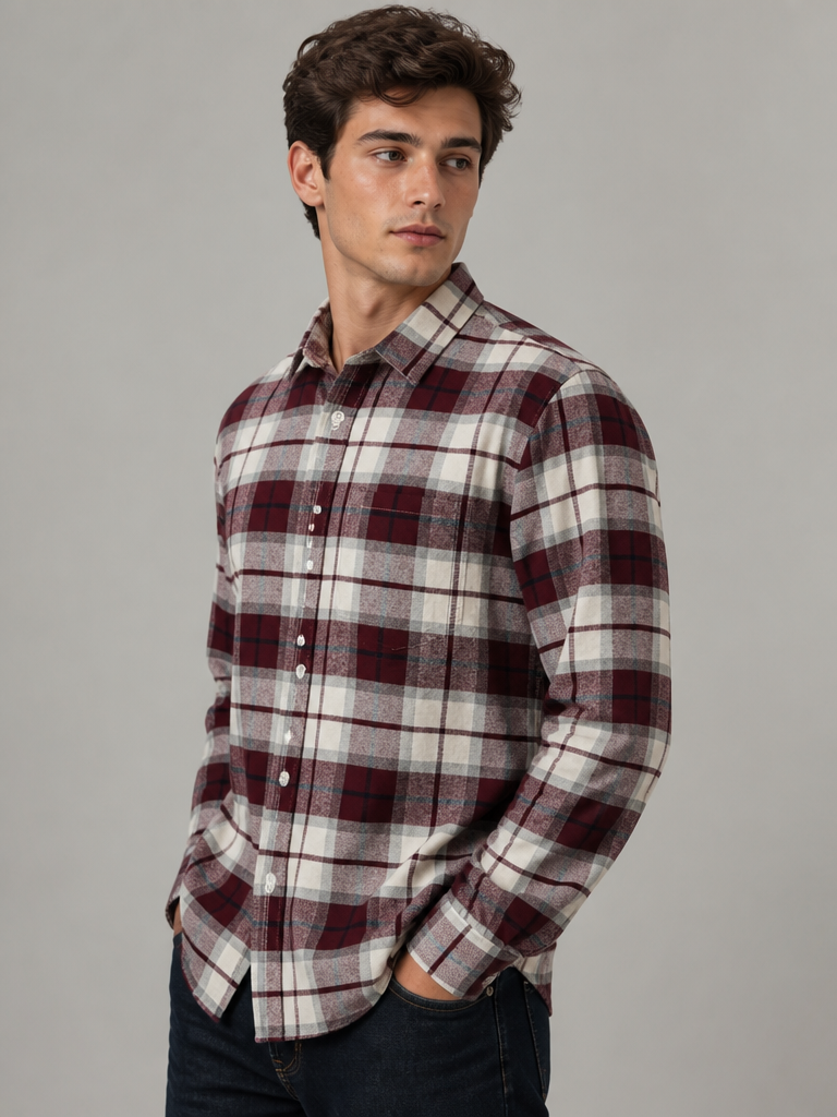 Men’s Maroon & White Checked Full Sleeve Shacket