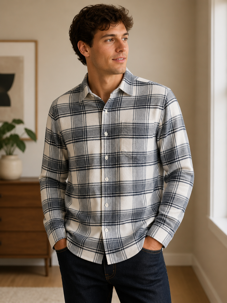 Men’s White & Grey Checked Full Sleeve Shacket