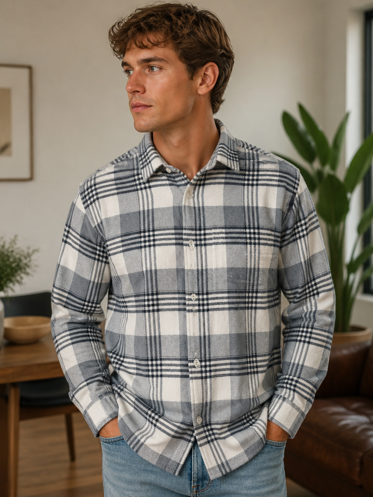 Men’s White & Grey Checked Full Sleeve Shacket