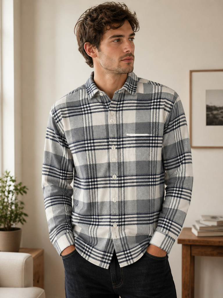 Men’s White & Grey Checked Full Sleeve Shacket