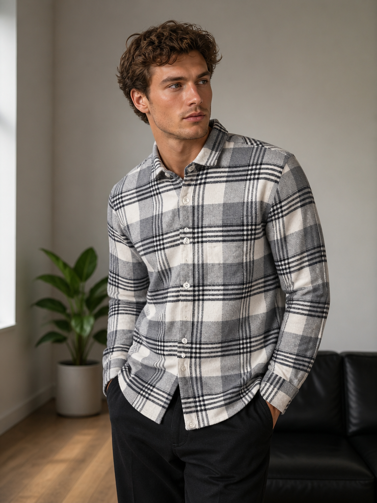 Men’s White & Grey Checked Full Sleeve Shacket