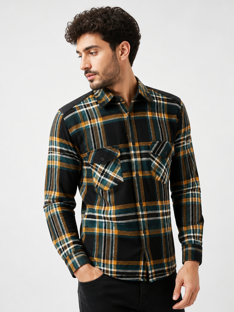Men’s Black & Dark Green Checked Full Sleeve Casual Shirt