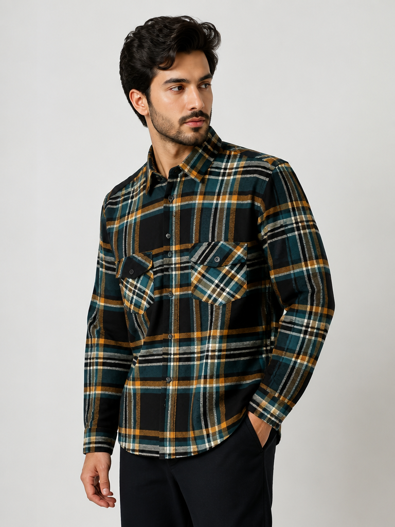 Men’s Black & Dark Green Checked Full Sleeve Casual Shirt