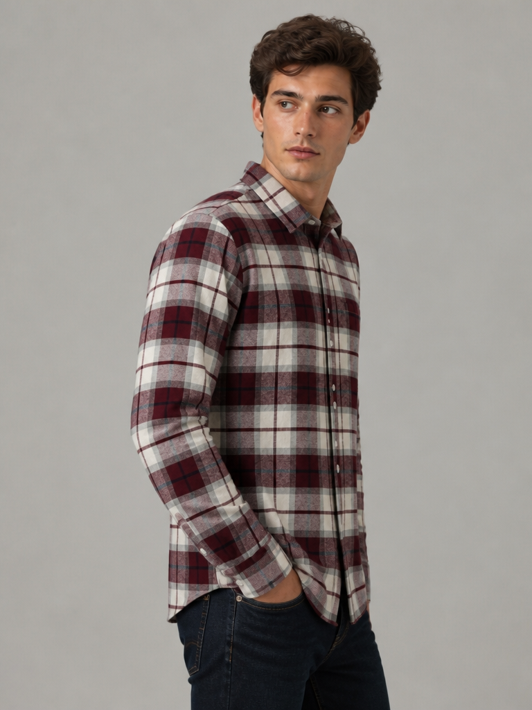 Men’s Maroon & White Checked Full Sleeve Shacket