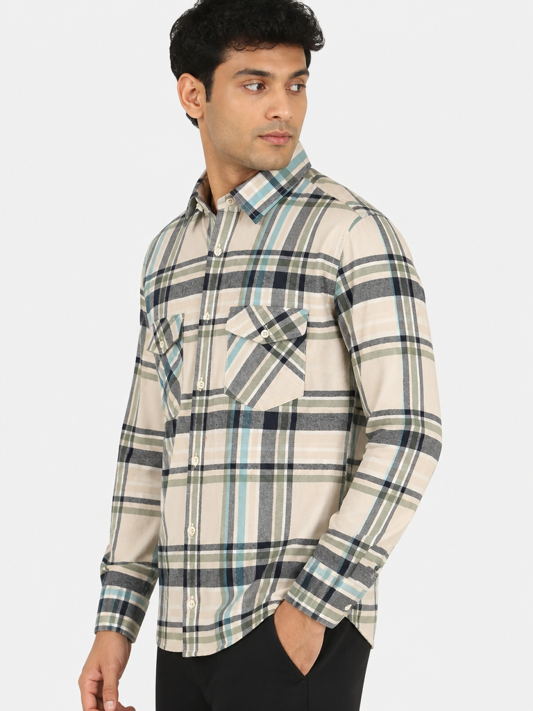 Men’s Beige & Grey Checked Full Sleeve Casual Shirt