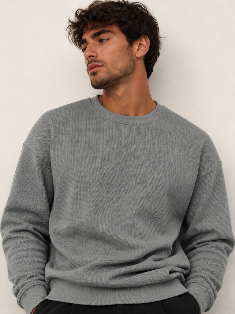 Men’s Grey Waffle Knit Crew Neck Sweatshirt