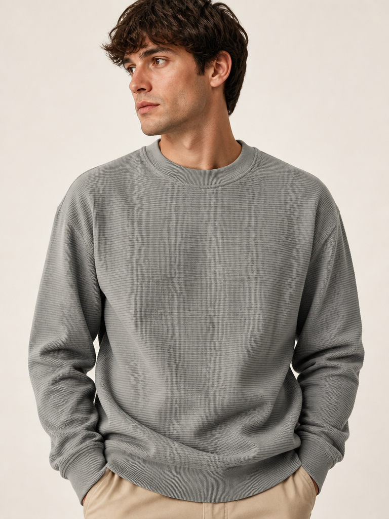 Men’s Grey Waffle Knit Crew Neck Sweatshirt