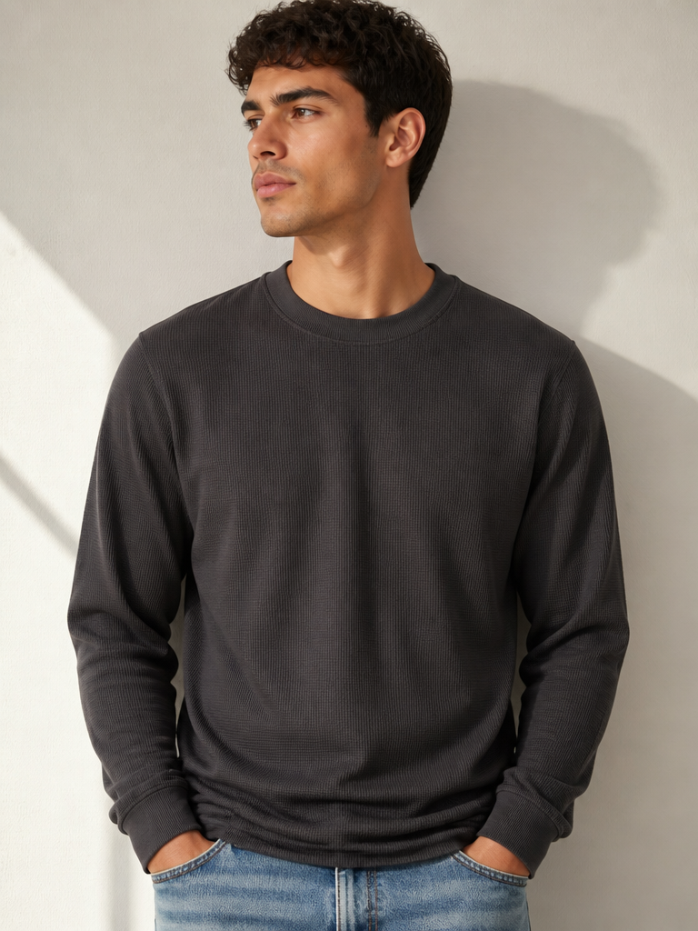 Men’s Charcoal Grey Waffle Knit Crew Neck Sweatshirt