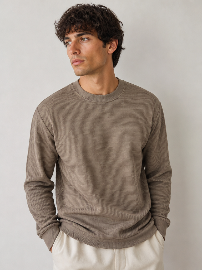 Men’s Taupe Waffle Knit Crew Neck Sweatshirt