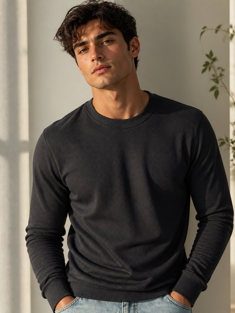 Men’s Charcoal Grey Waffle Knit Crew Neck Sweatshirt