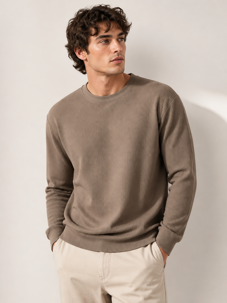 Men’s Taupe Waffle Knit Crew Neck Sweatshirt