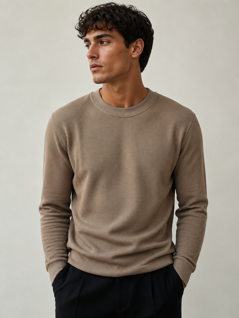 Men’s Taupe Waffle Knit Crew Neck Sweatshirt