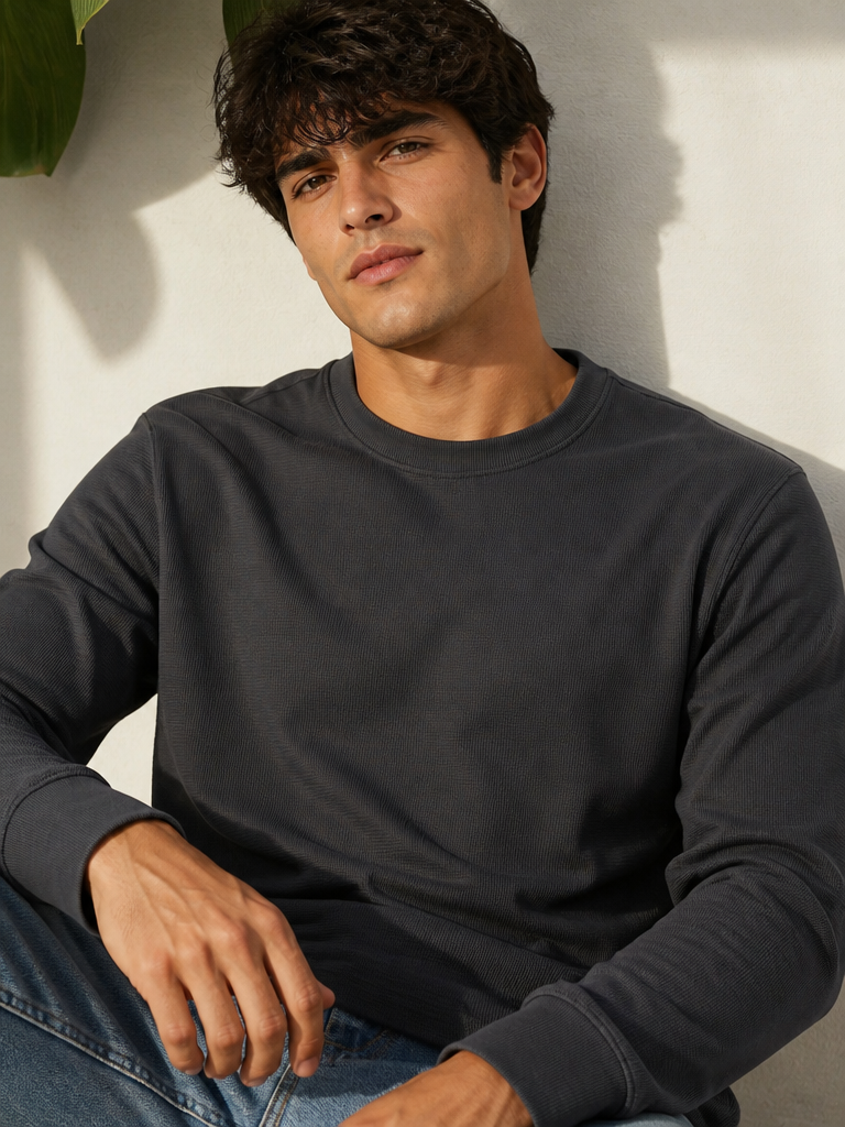 Men’s Charcoal Grey Waffle Knit Crew Neck Sweatshirt